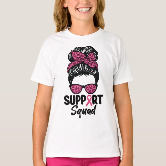 T-shirt Soutien Squad Messy Bun Pink Warrior Cancer du sei (Devant)