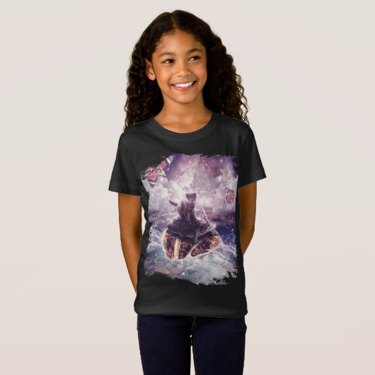 T-Shirt Space Cat Riding Turtle Unicorn - Pizza & Taco (Devant entier)