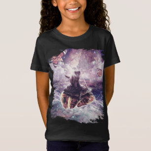 T-Shirt Space Cat Riding Turtle Unicorn - Pizza & Taco