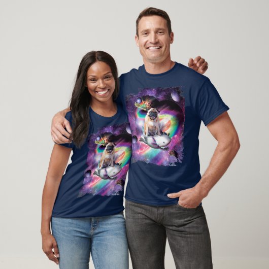 T-shirt Space Pug Dog Riding Axolotl  Rainbow (Unisexe)