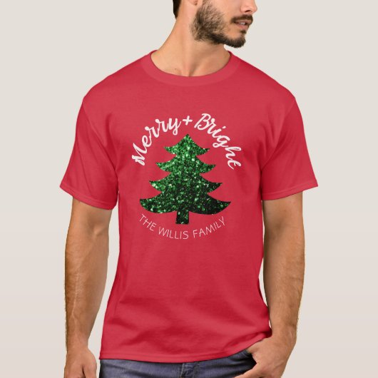 T-shirt Sparkly Merry bright Christmas tree Custom name  (Devant)