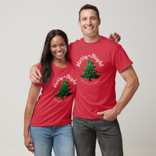 T-shirt Sparkly Merry bright Christmas tree Custom name  (Unisexe)