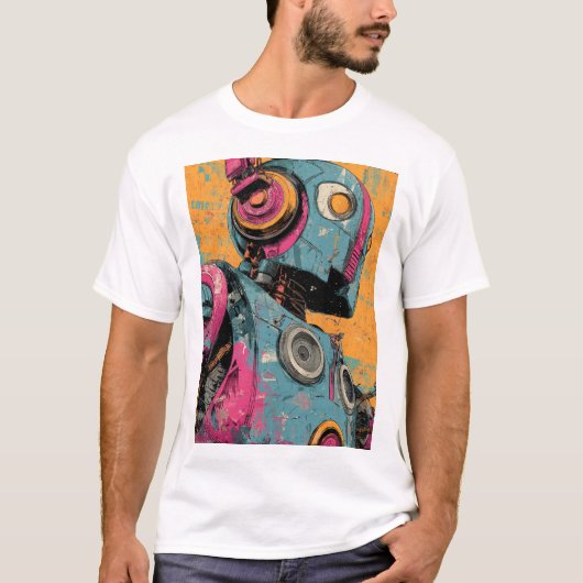 T-shirt Speaker-Bot with Pink Headphones — Retro-Futurist (Devant)