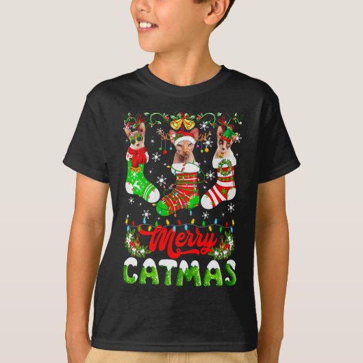 T-shirt Sphynx Chat Noël Santa Hat Écarf Vacances Mignonne (Devant)