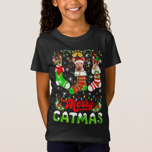 T-Shirt Sphynx Chat Noël Santa Hat Écarf Vacances Mignonne (Devant)