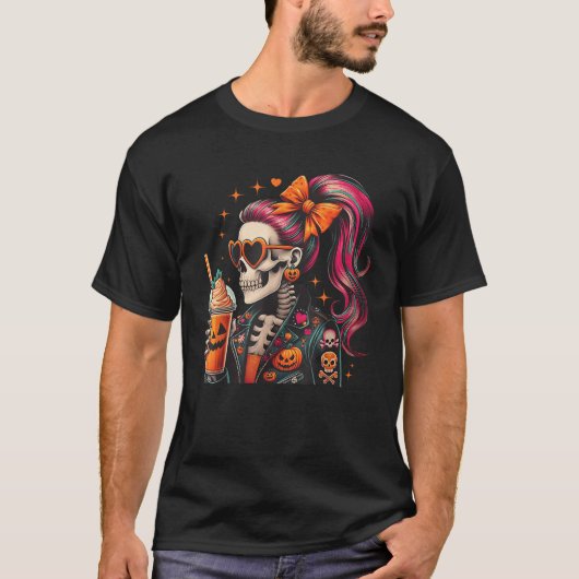 T-shirt Spooky Cool Skeleton Rider Pumpkin Spice Coquette  (Devant)