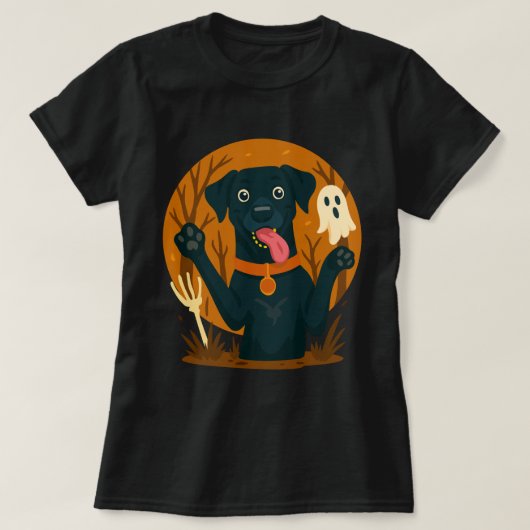T-shirt Spooky Cute Black Dog with Ghost  (Design devant)