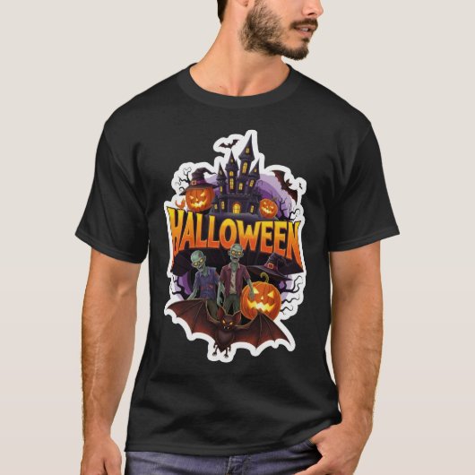 T-shirt Spooky Halloween scene with zombies castle and pum (Devant)