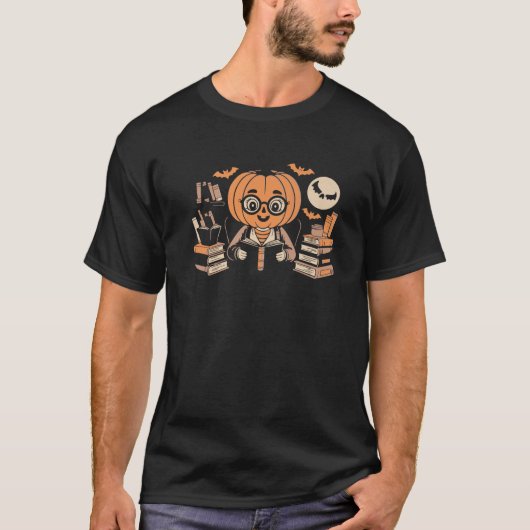 T-shirt Spooky Moon Pumpkin Librarian Reading Magic Hallow (Devant)