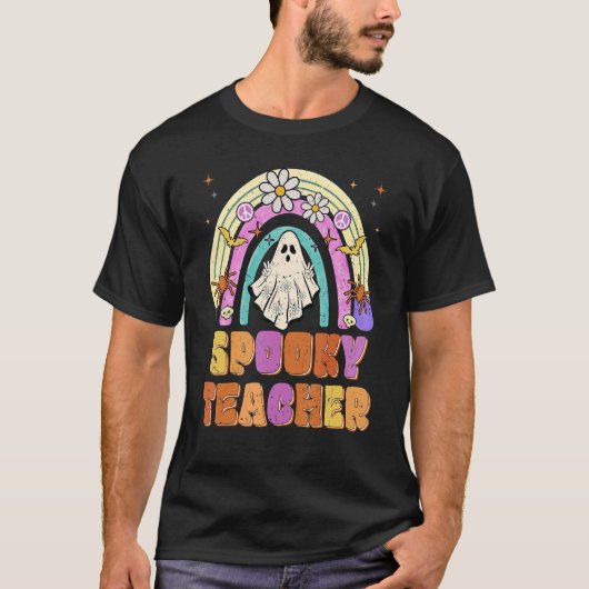 T-shirt Spooky Teacher Retro Spooky Floral Ghost Hippie Ha (Devant)