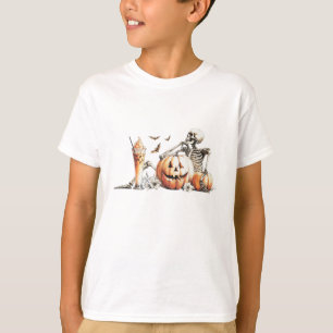 T-shirt Squelette avec citrouille et boire. Halloween.