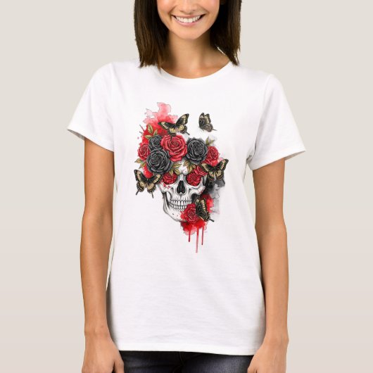 T-shirt Squelette avec Roses noirs rouges et papillons (Devant)