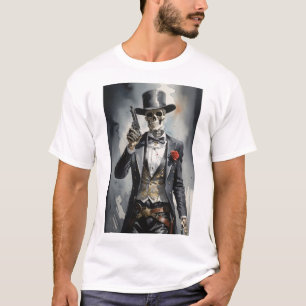T-shirt Squelette avec tuxedo noir tenant un revolver