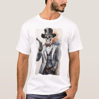 T-shirt Squelette avec tuxedo tenant un revolver