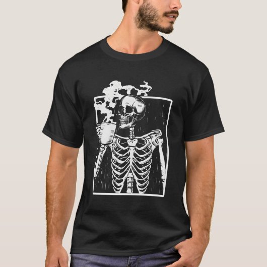 T-shirt Squelette Boire Café Front Blanc (Devant)