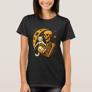 T-shirt Squelette Chat qui embrasse Lune Nuit Drôle Mignon