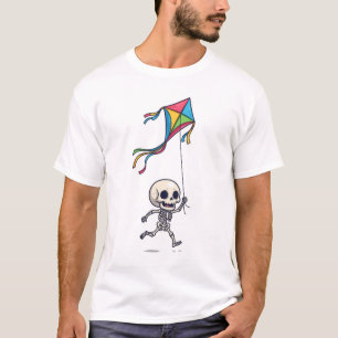 T-shirt Squelette Chibi Heureux Courant avec un Cerf-Volan