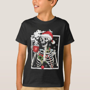 T-shirt Squelette De Noël Avec Crâne Souriant Boire Cof