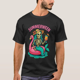 T-shirt Squelette de sirène Summerween heureux flamant ros