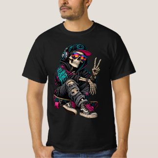 T-shirt Squelette de skateboard vibrant avec signe de paix