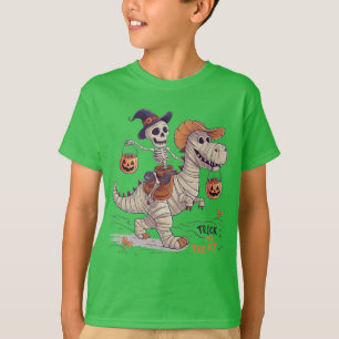 T-shirt squelette demandant des friandises en chevauchant