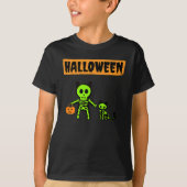 T-shirt Squelette d'Halloween et chat (Devant)