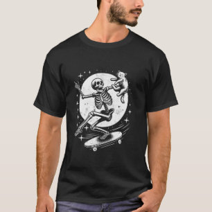 T-shirt Squelette drôle jouant avec un crâne de chat Hallo
