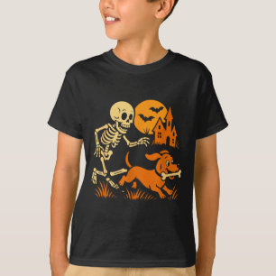 T-shirt Squelette drôle poursuivant un chien teckel drôle