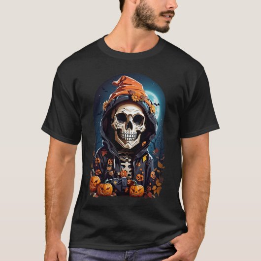 T-shirt Squelette éffrayant avec Citrouilles mal (Devant)