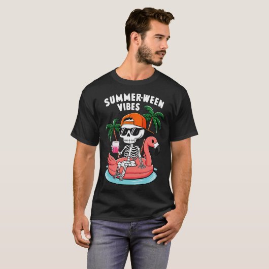 T-shirt Squelette Flamant rose Summerween Vibes Halloween  (Devant entier)