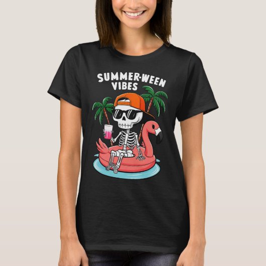 T-shirt Squelette Flamant rose Summerween Vibes Halloween (Devant)