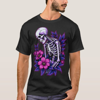 T-shirt Squelette Fleurs Triste Goth Purple Rose Mort Alt
