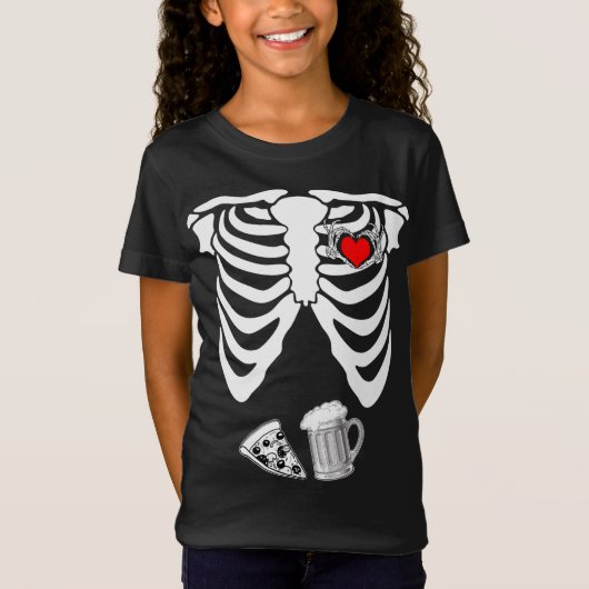 T-Shirt Squelette Halloween Bière Pizza Preg (Devant)