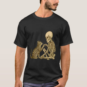T-shirt Squelette jouant avec un chat Halloween mignon hom