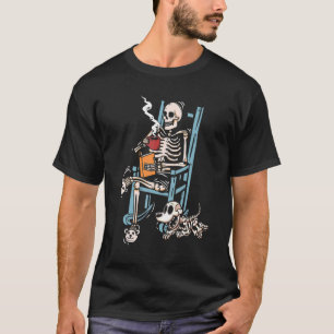 T-shirt Squelette Lecture Livre Boire Café Avec Mignonne D