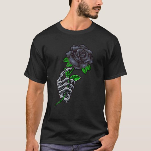T-shirt Squelette Main tenant Un Rose Noir Drôle Tatouage (Devant)