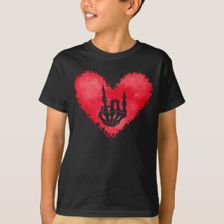 T-shirt Squelette Poignée Signes De Cornes Coeur Valentins