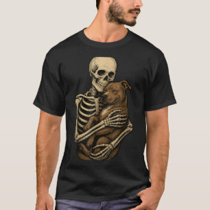 T-shirt Squelette qui étreint un chien Pit Bull drôle