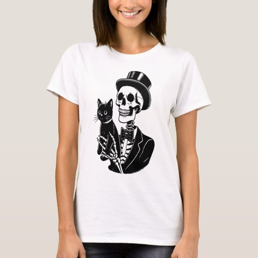 T-shirt Squelette tenant un chat (Devant)