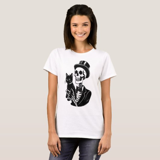 T-shirt Squelette tenant un chat (Devant entier)