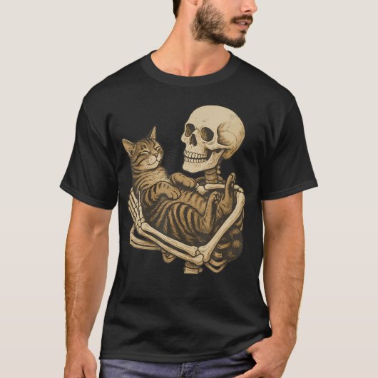T-shirt Squelette tenant un chat (Devant)
