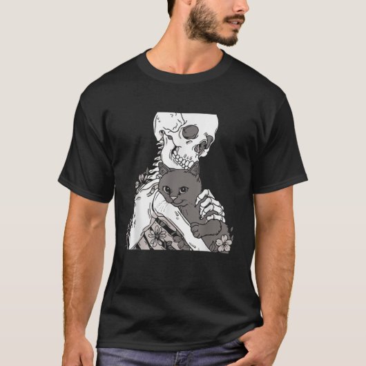 T-shirt Squelette tenant une chemise de chat Lazy Hallowee (Devant)