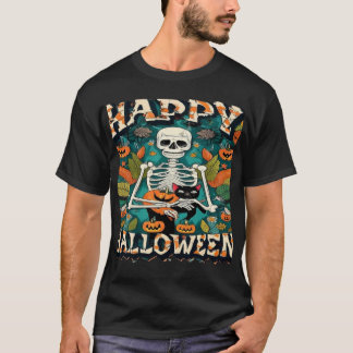 T-shirt Squelette vintage d'Halloween avec chat et citroui