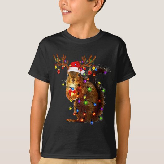 T-shirt Squirrel Christmas Tree Lights Reindeer Santa Hat  (Devant)