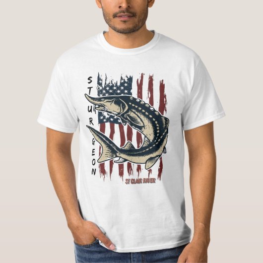 T-shirt St Clair River Sturgeon Fish with Flag Shirt (Devant)