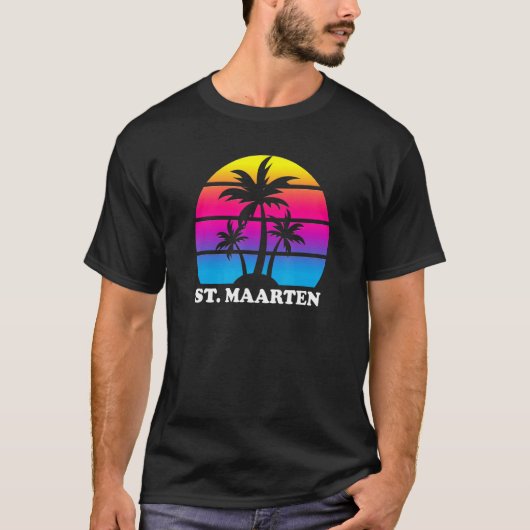 T-shirt St Maarten Retro Palm Tree Sunset Vacances Plage T (Devant)