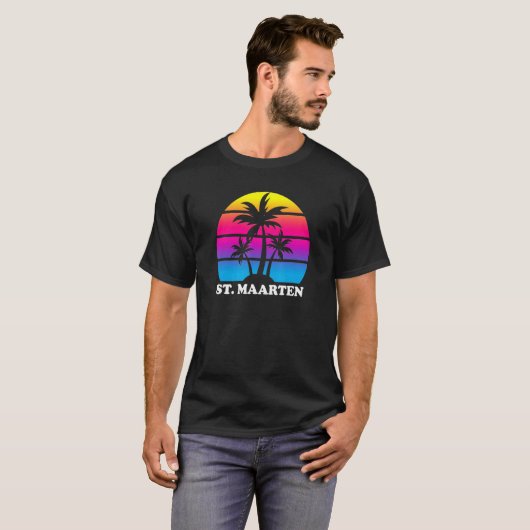 T-shirt St Maarten Retro Palm Tree Sunset Vacances Plage T (Devant entier)