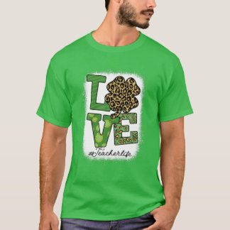 T-shirt St patrick Enseignant Messy Bun Leopard Bleached I