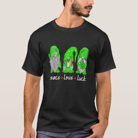 T-shirt St Patrick's Day Gnome Peace Love Luck Heart Shamr (Devant)