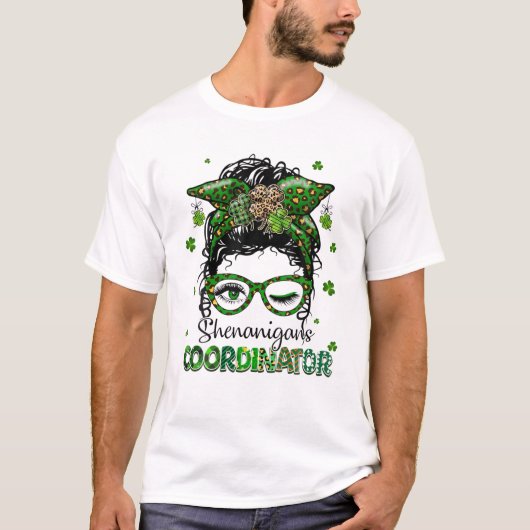 T-shirt St Patrick's Day Leopard Messy Bun Shenanigans Coo (Devant)